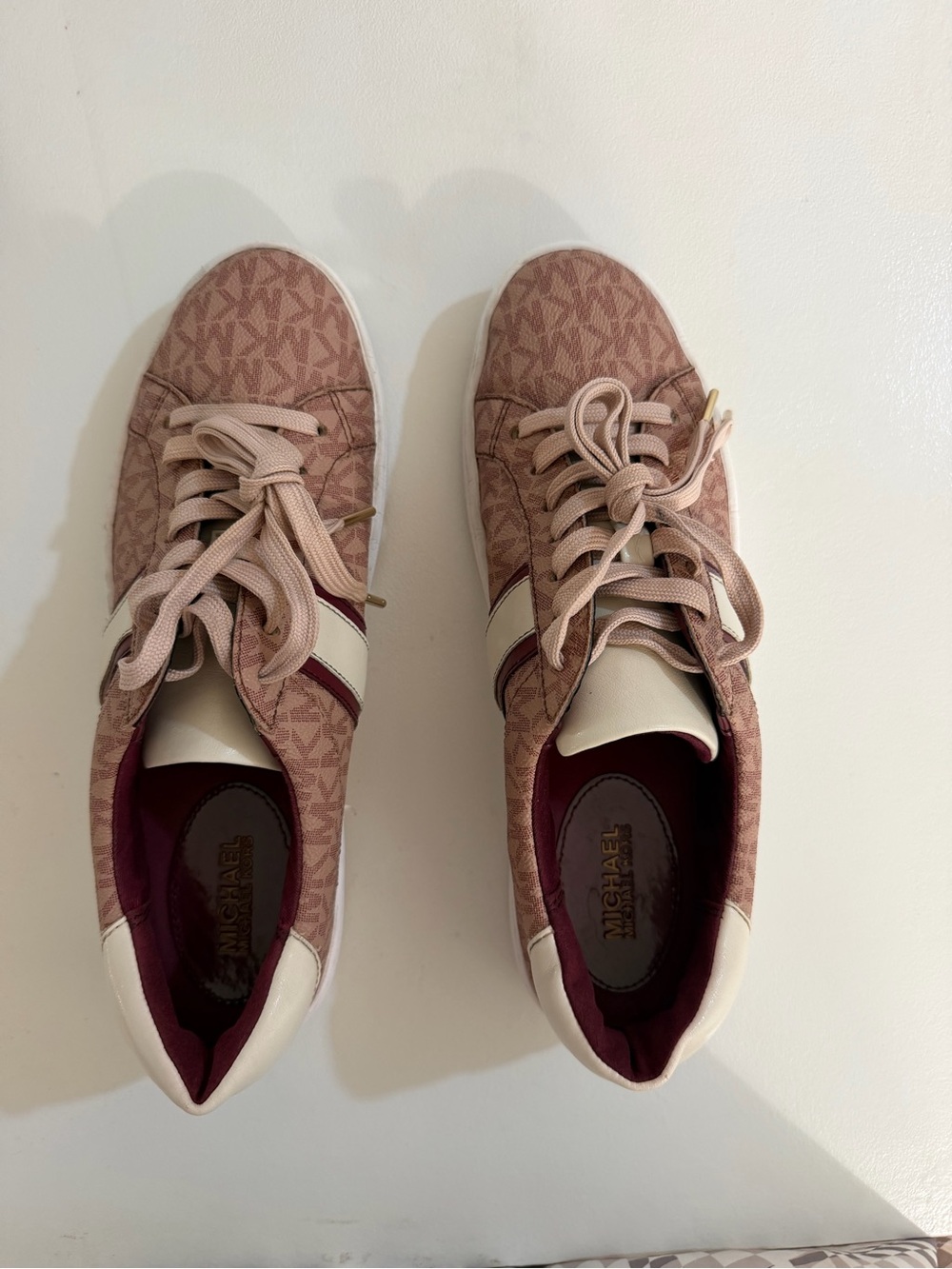Michael Kors Pink Logo-Pattern Lace-Up Sneakers with White and Burgundy Accents